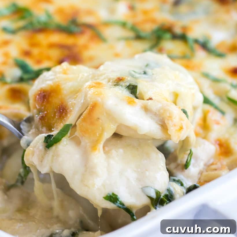 Spinach & Chicken Alfredo Ravioli Bake