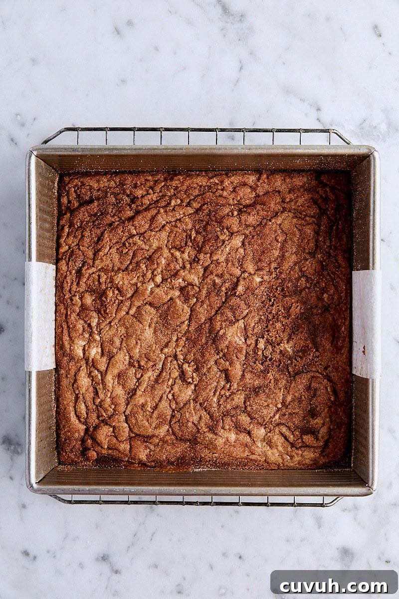 Baked snickerdoodle blondies in parchment-lined square pan