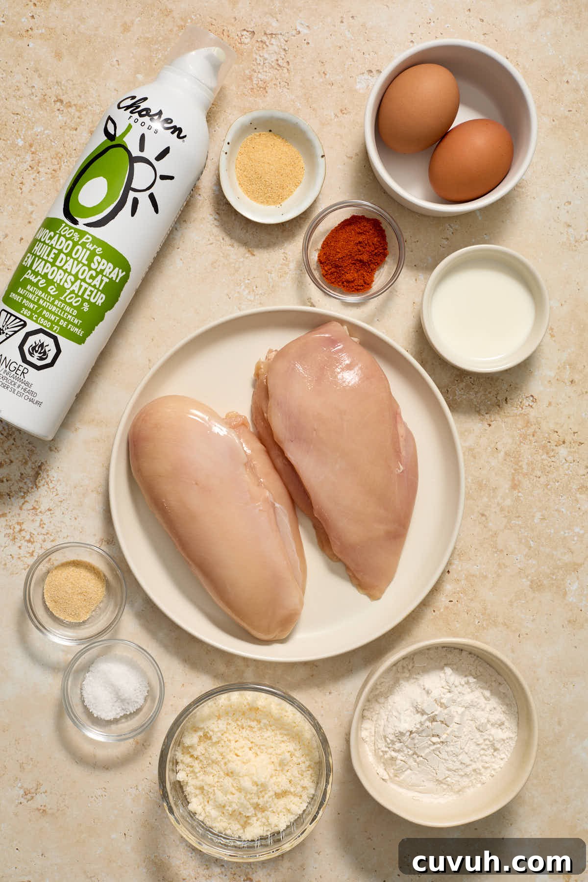 Ingredients to make boneless chicken wings arranged individually.