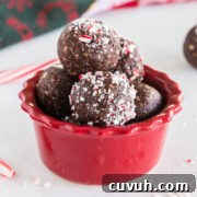 Chocolate mint balls in a red bowls surrounded by candy canes.