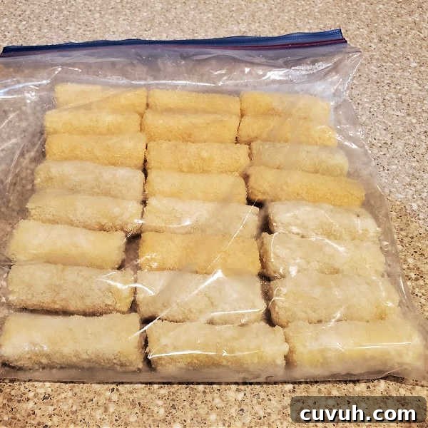 freezer bag of cheese sticks on counter