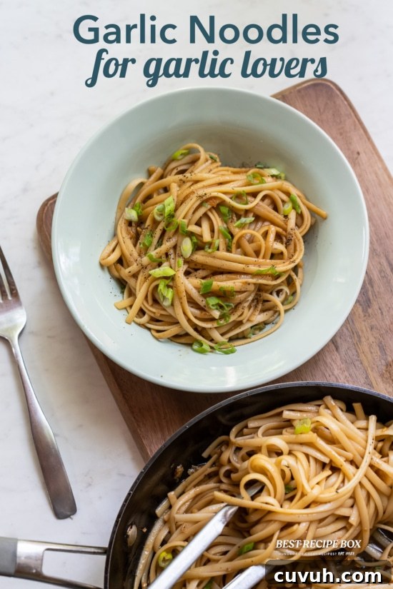 garlic noodles in bowl and pan 