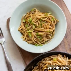 garlic noodles in bowl and pan
