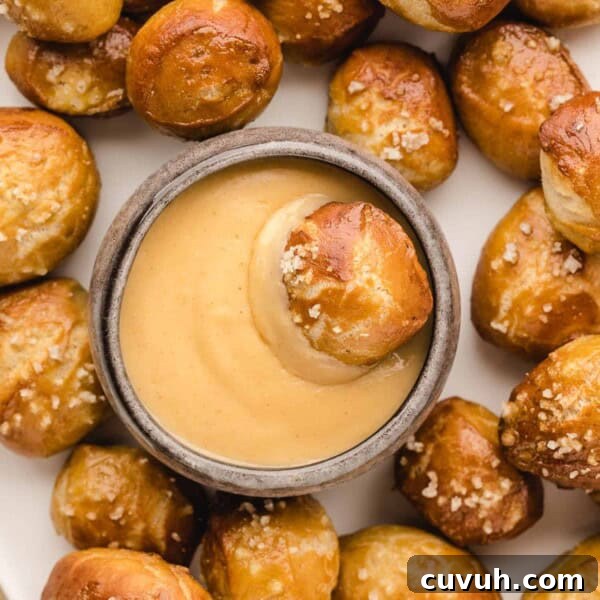 Beer cheese dip with soft pretzel bites.