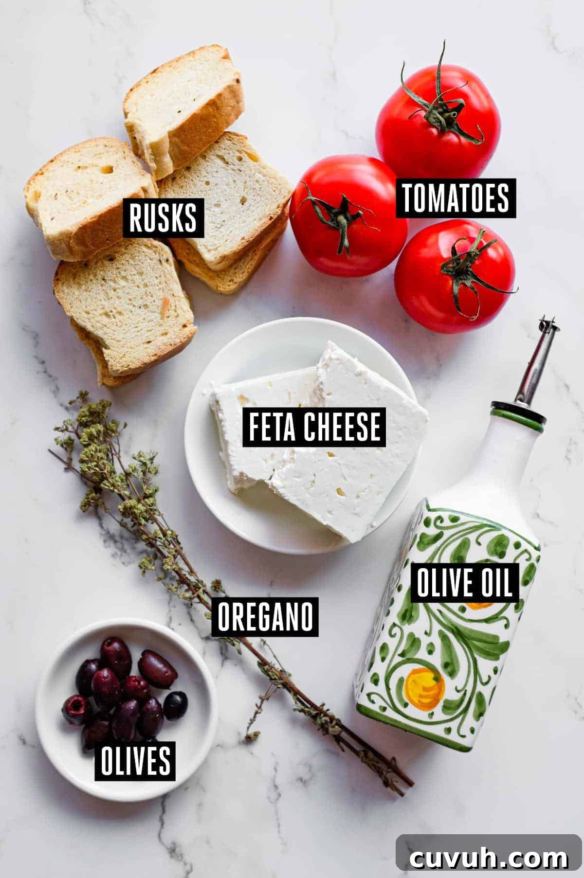 Mediterranean dakos platter with Greek olives and dried oregano