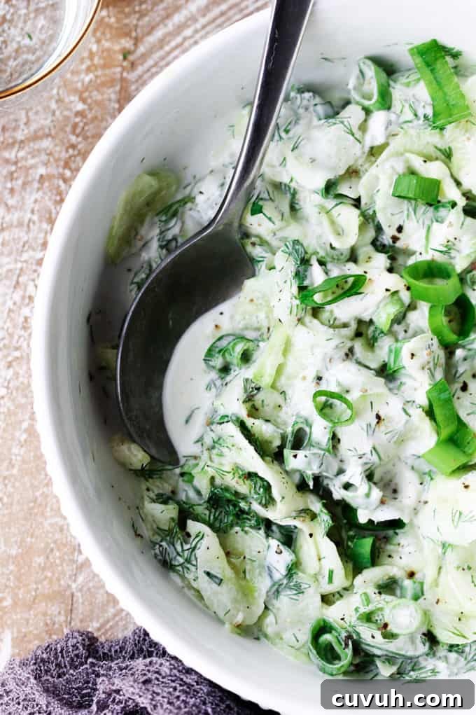 Polish cucumber salad in a bowl with spoon in it; overhead close up shot