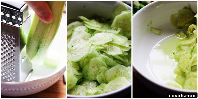 Preparation of Polish cucumber salad - slicing cucumber and draining water