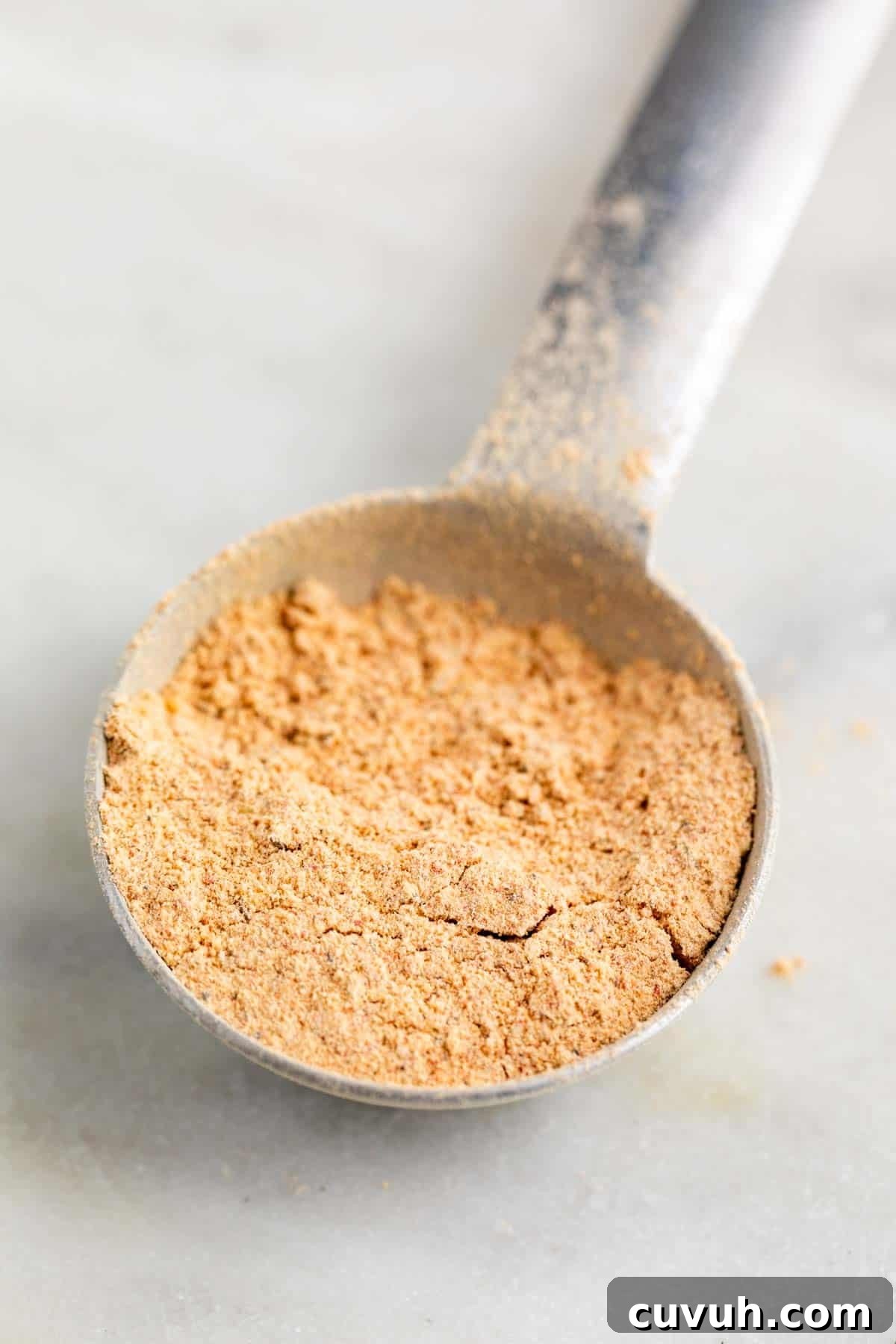 Spoon with vegan beef bouillon powder.