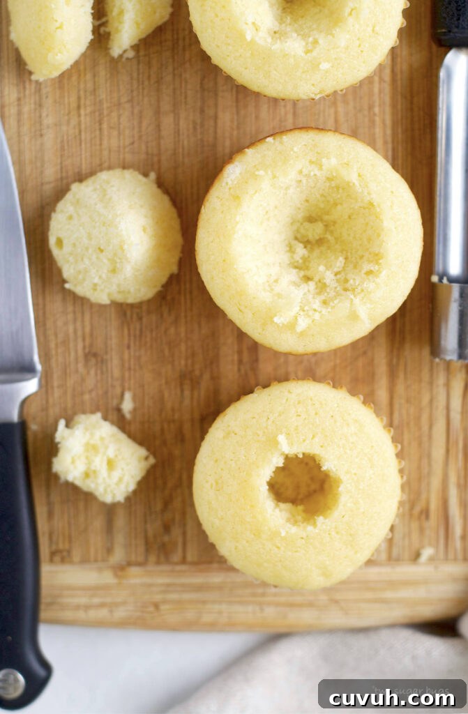 cupcakes cored with a paring knife and apple corer