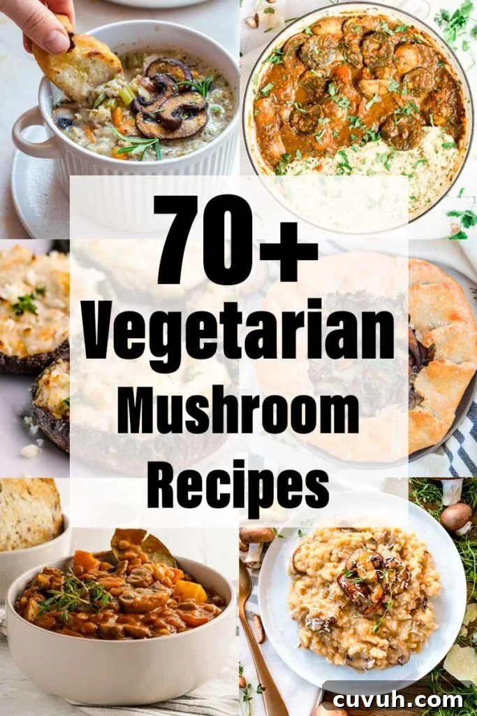 Six different dishes on pale backgrounds in a collage with text overlay stating 70+ vegetarian mushroom recipes.